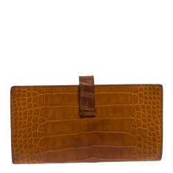 Pre Owned Hermes Orange Alligator Bearn Gusset Wallet