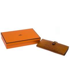 Pre Owned Hermes Orange Alligator Bearn Gusset Wallet