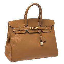 Pre Owned Hermes Natural Sable Ardennes Leather Gold Hardware Birkin 35 Bag