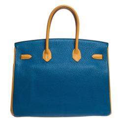 Pre Owned Hermes Blue Hydra/Jaune d'Or Clemence Leather Special Order Palladium Hardware Birkin 35 Bag