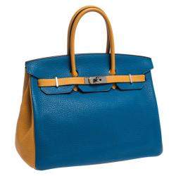 Pre Owned Hermes Blue Hydra/Jaune d'Or Clemence Leather Special Order Palladium Hardware Birkin 35 Bag