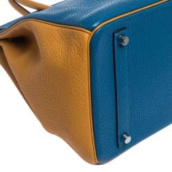 Pre Owned Hermes Blue Hydra/Jaune d'Or Clemence Leather Special Order Palladium Hardware Birkin 35 Bag