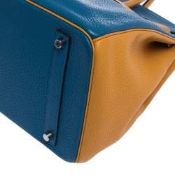 Pre Owned Hermes Blue Hydra/Jaune d'Or Clemence Leather Special Order Palladium Hardware Birkin 35 Bag