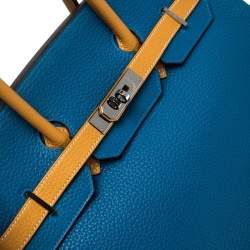 Pre Owned Hermes Blue Hydra/Jaune d'Or Clemence Leather Special Order Palladium Hardware Birkin 35 Bag