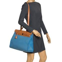 Pre Owned Hermes Natural/Blue Canvas and Leather Herbag Zip 39 Bag