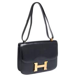 Pre Owned Hermes Blue Nuit Box Calf Leather Gold Hardware Constance 23 Bag