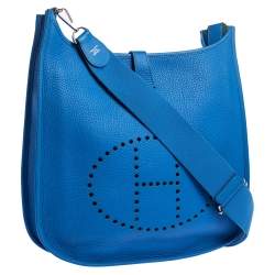 Pre Owned Hermes Blue Clemence Leather Evelyne III GM Bag