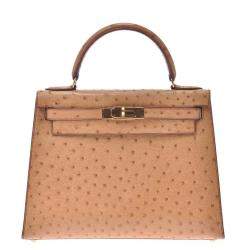 Hermes Chestnut Ostrich Leather Gold Hardware Kelly Sellier 28 Bag 