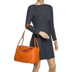 Pre Owned Hermes Orange Clemence Leather Palladium Hardware Lindy 34 Bag