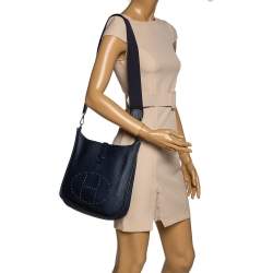 Pre Owned Hermes Blue Nuit Clemence Leather Evelyne II PM Bag