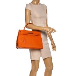 Pre Owned Hermes Orange Togo Leather Palladium Hardware Kelly Retourne 35 Bag