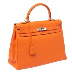 Pre Owned Hermes Orange Togo Leather Palladium Hardware Kelly Retourne 35 Bag