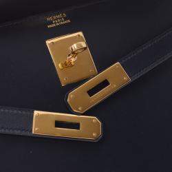 Hermes Navy Blue Leather Kelly Retourne 32 Box Bag