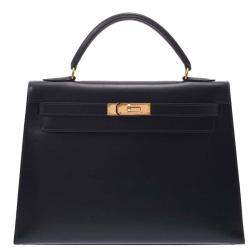 HERMES Paris - Kelly Retourné 32cm navy box bag, gold-…