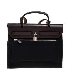 Pre Owned حقيبة هيرمس هيرباغ جلد وكانفاس بنية/ سوداء بسحاب 31