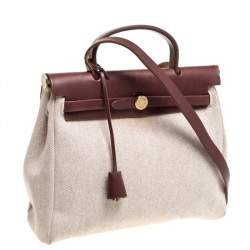 Pre Owned Hermes Chocolate Brown/Beige Toile and Leather Herbag 31 Bag