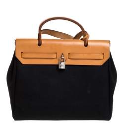 Pre Owned Hermès Black/Natural Canvas and Leather Herbag Zip 31 Bag