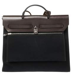 Pre Owned Hermes Black/Cacao Canvas and Leather Herbag Zip 39 Bag