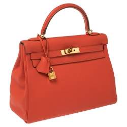 Hermes Rouge Pivoine Togo Leather Gold Hardware Kelly Retourne 32 Bag