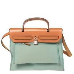 Pre Owned Hermes Barenia/Ciel Canvas And Leather Herbag Zip 31 Bag