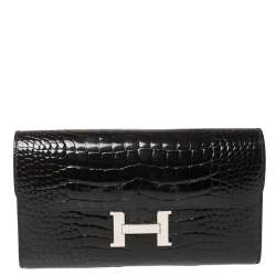 Pre Owned Hermes Black Shine Alligator Palladium Hardware Constance Wallet