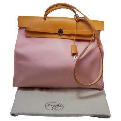 Pre Owned Hermes Pink & Brown Canvas & Leather Herbag 39 Bag