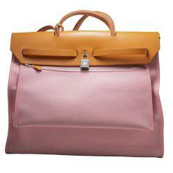 Pre Owned Hermes Pink & Brown Canvas & Leather Herbag 39 Bag