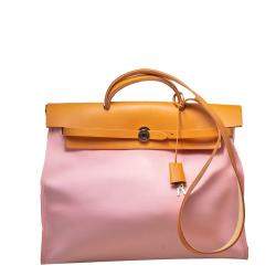 Pre Owned Hermes Pink & Brown Canvas & Leather Herbag 39 Bag