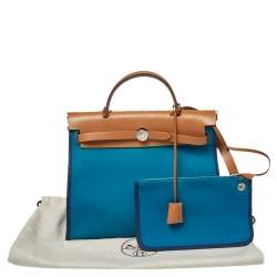 Pre Owned Hermes Bleu Izmir/Natural Canvas And Leather Herbag Zip 31 Bag