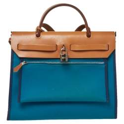 Pre Owned Hermes Bleu Izmir/Natural Canvas And Leather Herbag Zip 31 Bag