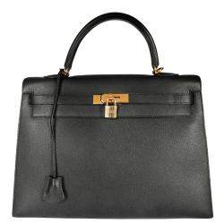 Pre Owned Hermes Black Epsom Leather Gold Hardware Kelly Sellier 35 Bag
