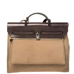 Pre Owned Hermes Etoupe/Ebene Canvas and Leather Herbag Zip 39 Bag