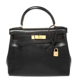 Pre Owned Hermes Black Box Calf Leather Gold Hardware Kelly Retourne 28 Bag