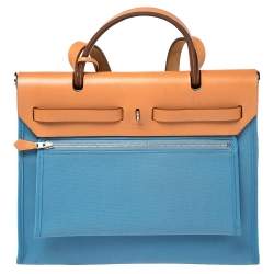 Pre Owned Hermes Natural/Blue Agate Canvas and Leather Herbag Zip 31 Bag
