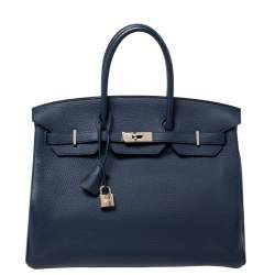 At Auction: Hermes Kelly Handbag Bleu Saphir Clemence with Gold Hardware 35  Blue
