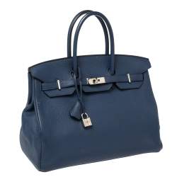 Hermes Blue Sapphire Clemence Leather Palladium Hardware Birkin 35 Bag
