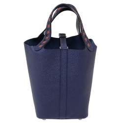 Pre Owned Hermes Bleu Encre/Brique/Black Epsom Leather Picotin Lock Tressage MM Bag