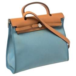 Pre Owned Hermes Natural/Blue Lin Canvas and Leather Herbag Zip 31 Bag
