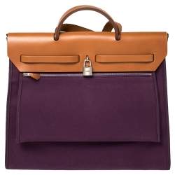 Pre Owned Hermes Fauve/Cassis Lin Canvas and Leather Herbag Zip 39 Bag