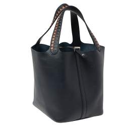 Pre Owned Hermes Bleu Indigo/Black/Terre Battue Epsom Leather Picotin Lock Cuir De Tressage MM Bag