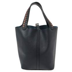 Pre Owned Hermes Bleu Indigo/Black/Terre Battue Epsom Leather Picotin Lock Cuir De Tressage MM Bag