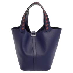 Pre Owned Hermes Bleu Encre/Brique/Black Epsom Leather Picotin Lock Tressage PM Bag