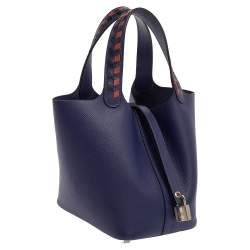 Pre Owned Hermes Bleu Encre/Brique/Black Epsom Leather Picotin Lock Tressage PM Bag