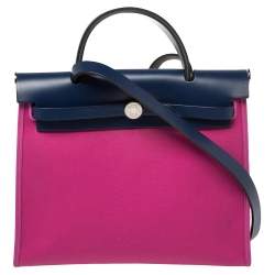 Pre Owned Hermes Magnolia/Bleu Saphir Canvas and Leather Herbag Zip 31 Bag