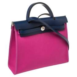 Pre Owned Hermes Magnolia/Bleu Saphir Canvas and Leather Herbag Zip 31 Bag