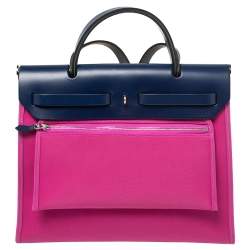 Pre Owned Hermes Magnolia/Bleu Saphir Canvas and Leather Herbag Zip 31 Bag