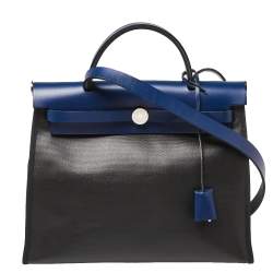 Pre Owned Hermes Black/Blue Sapphire Coated Canvas and Leather Limited Edition Herbag Zip 31 Bag