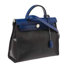 Pre Owned Hermes Black/Blue Sapphire Coated Canvas and Leather Limited Edition Herbag Zip 31 Bag