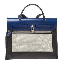 Pre Owned Hermes Black/Blue Sapphire Coated Canvas and Leather Limited Edition Herbag Zip 31 Bag