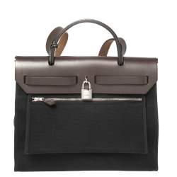 Pre Owned Hermès Black Canvas And Brown Leather Herbag Zip 31 Bag